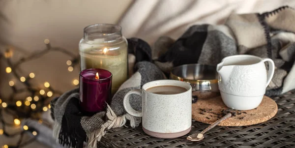 Uma Xícara Café Com Detalhes Decoração Casa Conceito Conforto Doméstico — Fotografia de Stock