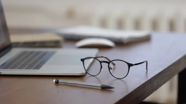 Las Gafas Encuentran Lugar Trabajo Con Una Computadora Portátil Bolígrafo — Vídeos de Stock