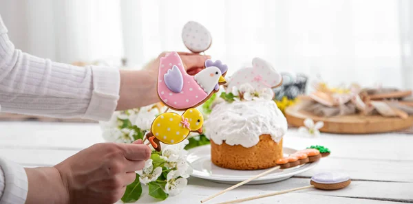 Process Decorating Festive Cake Concept Preparing Easter Holiday — Stock Photo, Image