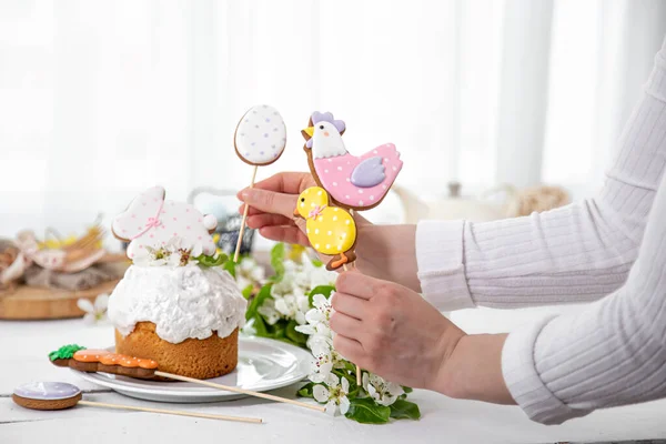 Process Decorating Festive Cake Concept Preparing Easter Holiday — Stock Photo, Image