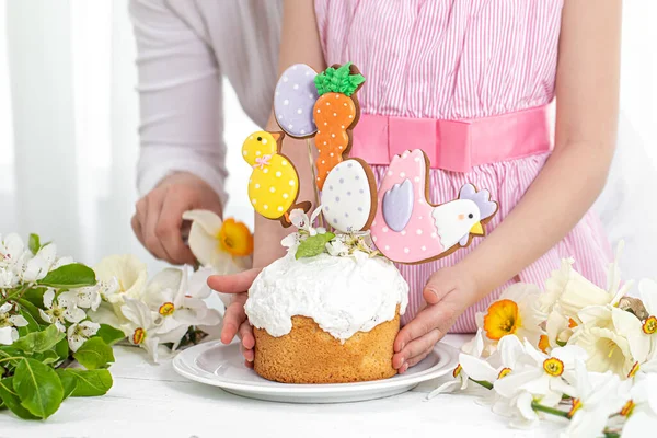 Hands Girl Mother Process Decorating Festive Cake Concept Preparing Easter — Stock Photo, Image
