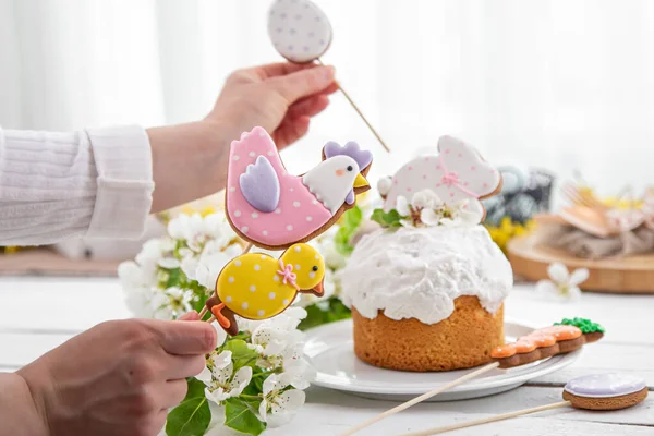 Process Decorating Festive Cake Concept Preparing Easter Holiday — Stock Photo, Image
