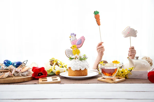Festive Table Pastries Tea Flowers Concept Celebrating Easter Festive Decor — Stock Photo, Image