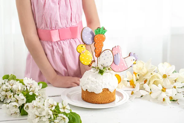 Hands Little Girl Who Decorates Festive Cake Concept Preparing Easter — Stock Photo, Image