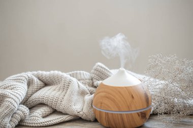 Aroma kompozisyonu, ahşap bir yüzey üzerinde modern aroma yağı yayıcısı örülmüş bir element ve kurumuş bir çiçek dalına sahip..
