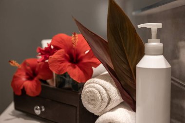 Yuvarlak temiz havlular, taze çiçekler ve lavabonun üzerinde şeker kutusuyla birlikte şişede bakım ürünü olan spa kompozisyonu..