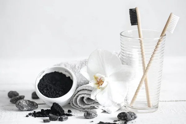 Still Life Organic Bamboo Brushes Activated Carbon Powder Orchid Flower — Stock Photo, Image
