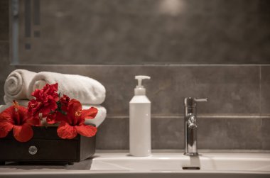 Yuvarlak temiz havlular, taze çiçekler ve banyodaki lavabonun üzerinde şeker kutusuyla birlikte şişede bakım ürünü olan spa kompozisyonu..