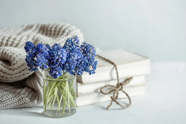 Composição Primavera Com Flores Muscari Vaso Vidro Fundo Embaçado — Fotografia de Stock