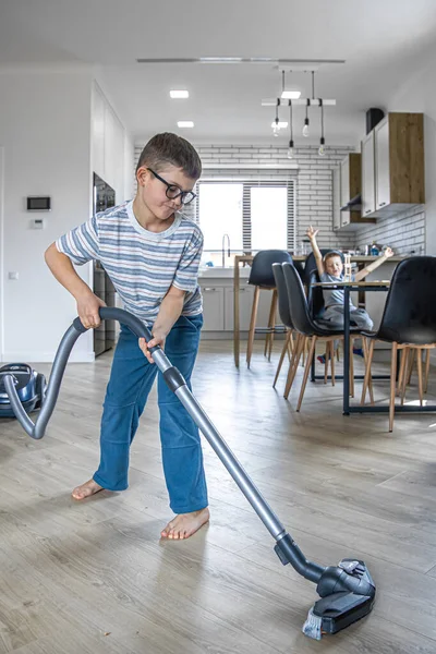 Little Boy Glasses Cleans House Vacuum Cleaner — Stock Photo, Image