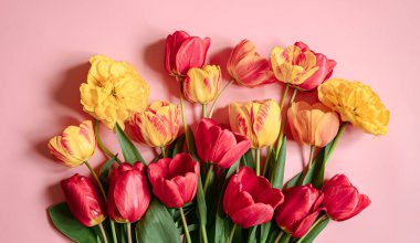 Yüzeye yayılmış çiçeklerle yaratıcı bahar kompozisyonu.