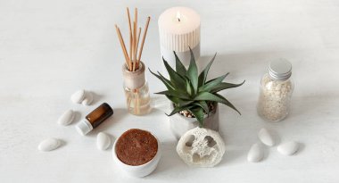 Kapalı alan kokusu, sağlık ve güzellik ürünleri için tütsü çubuklu rahat kompozisyon.