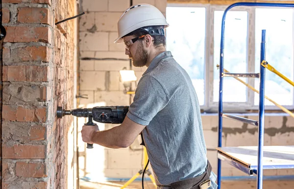 Handyman Construction Site Process Drilling Wall Perforator — Stock Photo, Image