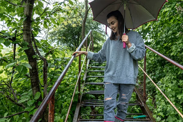 Meisje Onder Een Paraplu Een Wandeling Het Voorjaarsbos Regen — Stockfoto