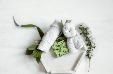 Kişisel hijyen ve vücut bakımı için banyo aksesuarlarıyla kaplıca bezi.