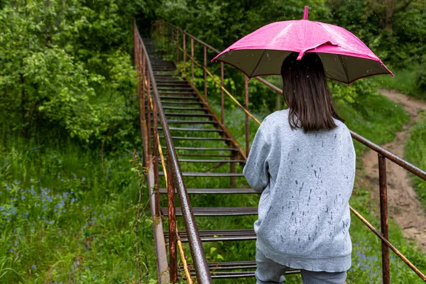傘を持った女の子が雨の日に森の中を歩く — ストック写真