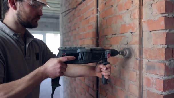 Costruttore Sta Perforando Muro Sarà Pareti Perforazione Concetto Costruzione Posa — Video Stock