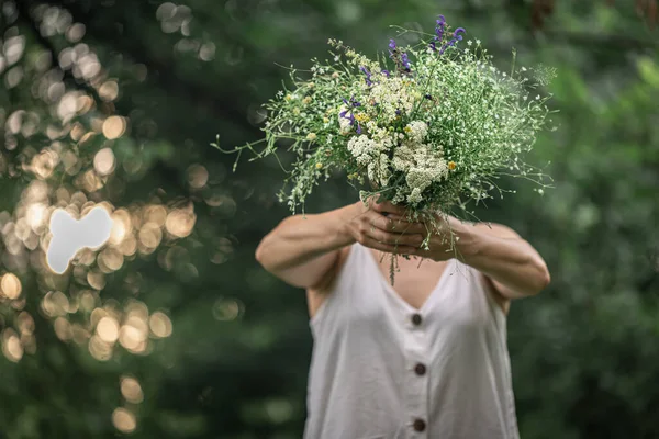 Ein Strauß Wilder Blumen Den Händen Eines Mädchens Auf Verschwommenem — Stockfoto
