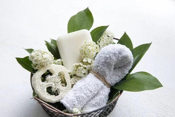 Spa Still Life Soap Loofah Towel Basket — Stock Photo, Image