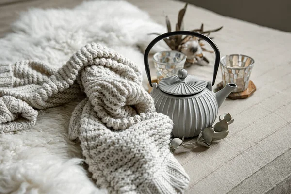 Close Teapot Scandinavian Style Tea Knitted Element Decor Details — Stock Photo, Image