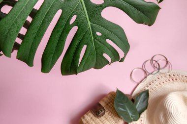 Pembe arka planda doğal yaprak ve kadın aksesuarlarının yakın çekimi..