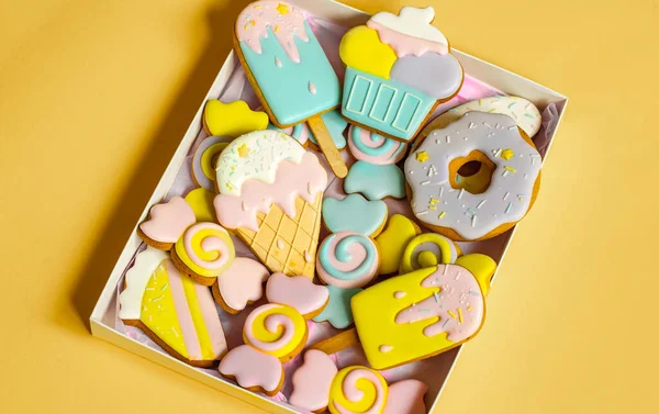 Colorful Festive Gingerbread Cookies Different Shapes Covered Glaze — Stock Photo, Image