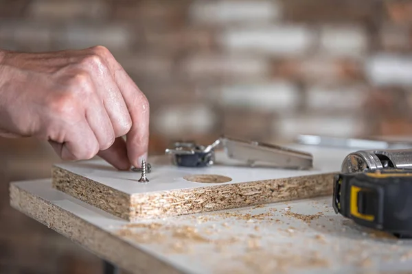 Primo Piano Della Vite Autofilettante Vite Legno Sfondo Sfocato — Foto Stock