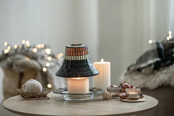 Beautiful Candles Scandinavian Style Blurred Background Interior — Stock Photo, Image