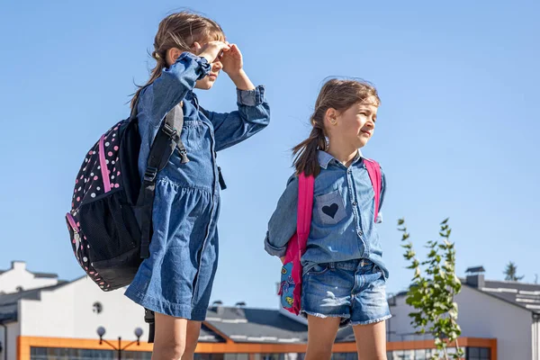 Küçük Kızlar Ilkokul Öğrencileri Okuldan Sonra Eve Dönüyorlar — Stok fotoğraf