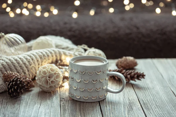 Cozy Christmas Background Beautiful Cup Decor Details Blurred Background Bokeh — Stock Photo, Image