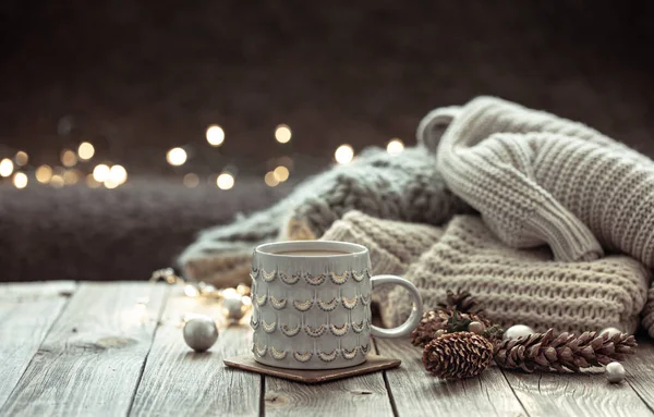 Christmas Background Beautiful Cup Knitted Element Decorative Details Blurred Background — Stock Photo, Image