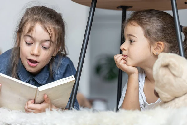 Twee Zusjes Hebben Plezier Het Samen Lezen Van Een Boek — Stockfoto