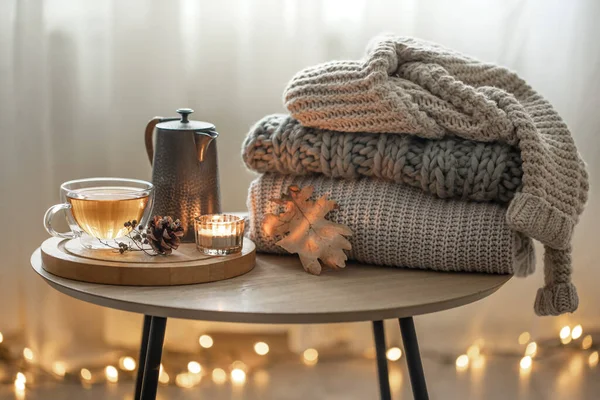 Home Autumn Composition Tea Knitted Sweaters Interior Room Blurred Background — Stock Photo, Image