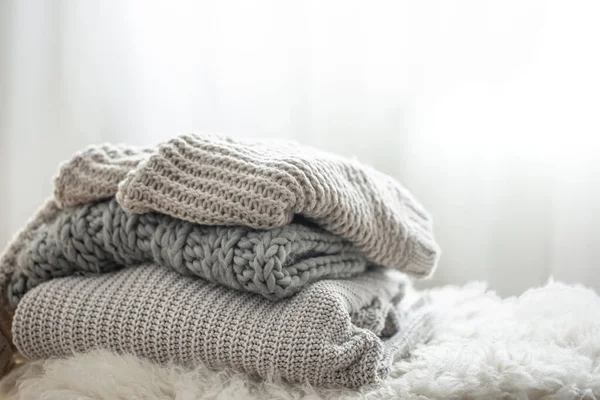 Close Stack Knitted Sweaters Blurred Background — Stock Photo, Image