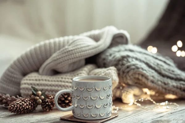 Christmas Background Beautiful Cup Knitted Element Decorative Details Blurred Background — Stock Photo, Image