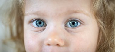 Büyük mavi gözlü, küçük şirin bir kızın yakın çekim yüzü..