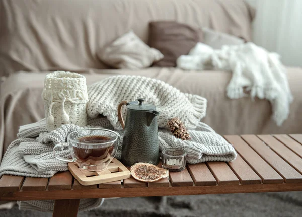 Gemütliche Stilleben Hause Mit Einer Tasse Tee Und Details Der — Stockfoto