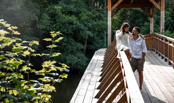 Ein Schönes Junges Paar Kommuniziert Auf Einer Brücke Wald Ein — Stockfoto