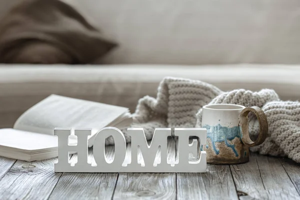 Home Composition Decorative Word Home Tea Knitted Element Book Blurred — Stock Photo, Image