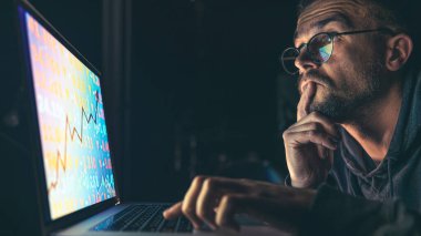 Bilgisayar monitörüne bakan ciddi bir iş adamı analisti, indeksleri analiz eden yatırımcı broker, pc ekranında kripto para piyasası borsası grafiği üzerinde çevrimiçi yatırım verileri ticareti.