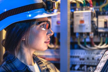 Endüstriyel kabloların yanında fötr şapkalı ve güvenlik gözlüklü bir kadın teknisyenin yakın çekim profili. Mavi sinematik ışıklandırma modern teknik izleme ve risk farkındalığının sinyalidir..