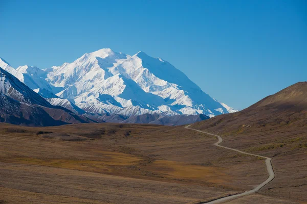 Mount Mckinley'nın karlı tepe park yol ve tundra içinde