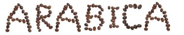 Kahve çekirdeği üzerinde beyaz adam üzerinden yapmak izole kelime 'Arabica'