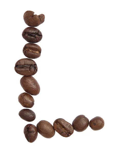 Isolated Alphabet; L make from coffee bean on white background — Stock Photo, Image