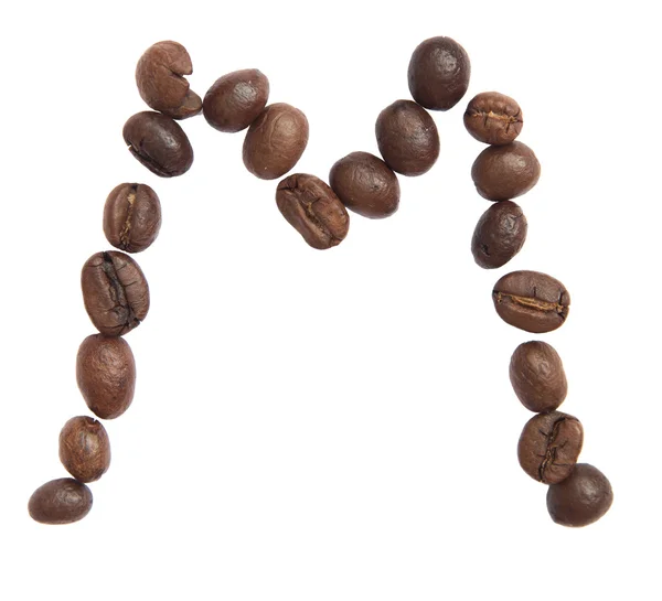 격리 된 알파벳; 흰색 바탕에 커피 콩에서 M 확인 — 스톡 사진