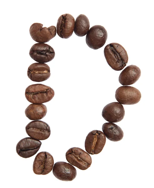 İzole alfabesi; D yapmak kahve çekirdeği beyaz zemin üzerine gelen — Stok fotoğraf