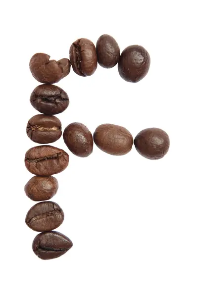 Alfabeto aislado; F hacer a partir de grano de café sobre fondo blanco —  Fotos de Stock