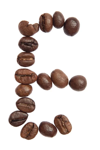 Alfabeto aislado; E hacer a partir de grano de café sobre fondo blanco —  Fotos de Stock