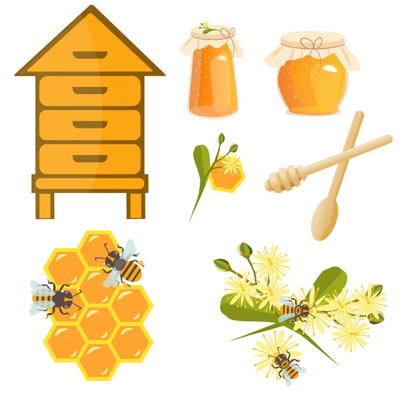 Iconos apiarios y vector de abejas . — Vector de stock