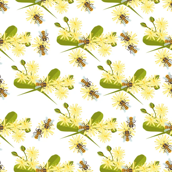 Honey bee with linden blossom seamless pattern vector. — Stock Vector